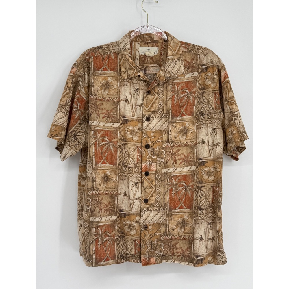 Paradise Shores Men Brown Tropical Palm Tree Cotton Rayon Hawaiian Shirt Sz L